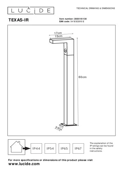 Lucide TEXAS-IR - Borne extérieur - LED - 1x7W 3000K - IP54- Détecteur De Mouvement & Jour/Nuit (désactivable) - Anthracite - technique